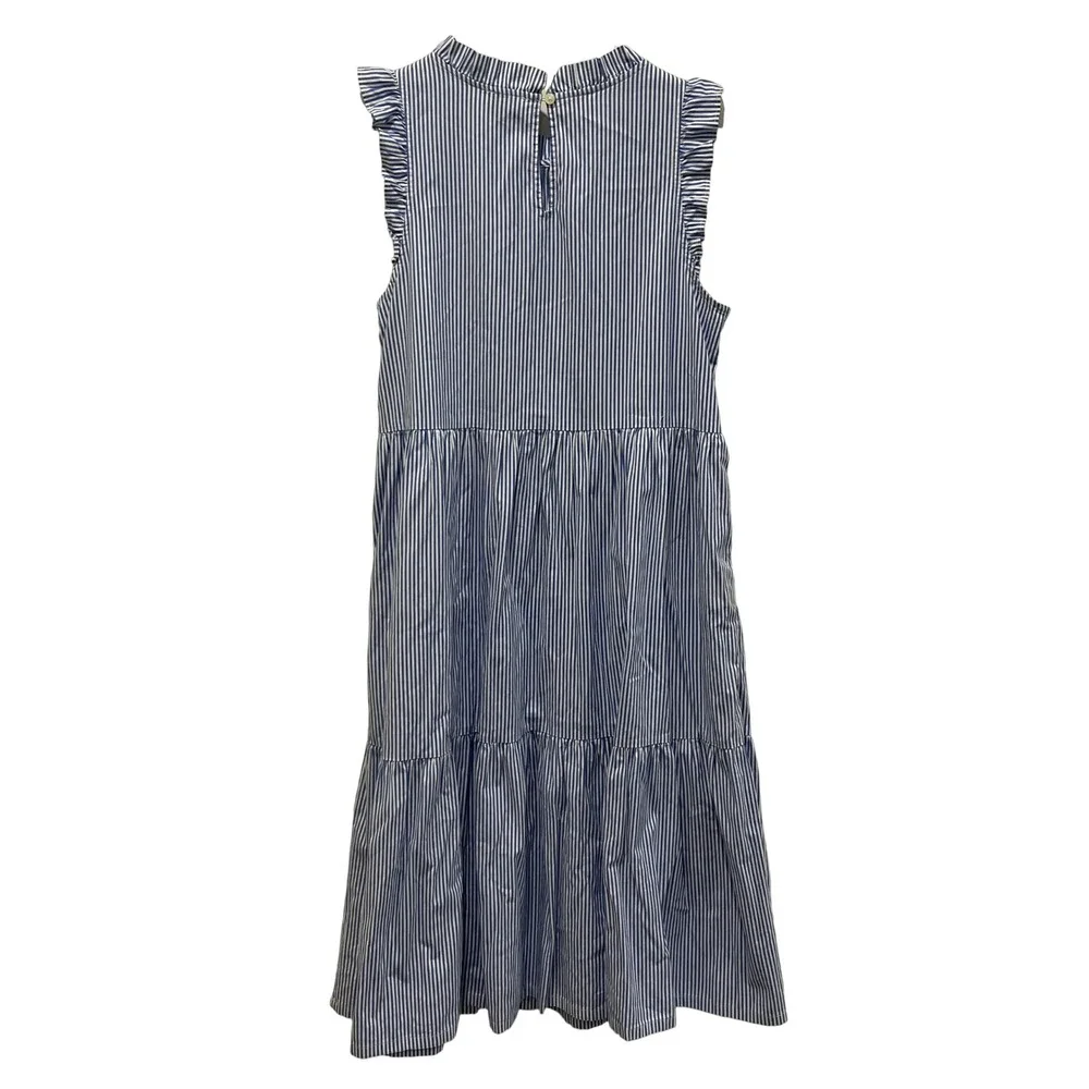 J Crew Tiered Midi Dress Womens 4 Blue White Striped Ruffle Sleeve Coastal Prep
